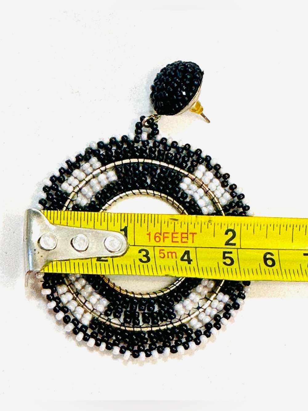 Black White Beaded Statement Earrings Oversized Boho Hoop Dangle - Picture 6 of 7